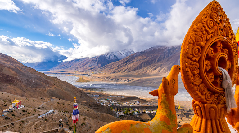 Landscape of braided Spiti river valley and snow capped mountains during sunrise from Key or Kee monastery near Kaza town in Lahaul and Spiti district of Himachal Pradesh, India.